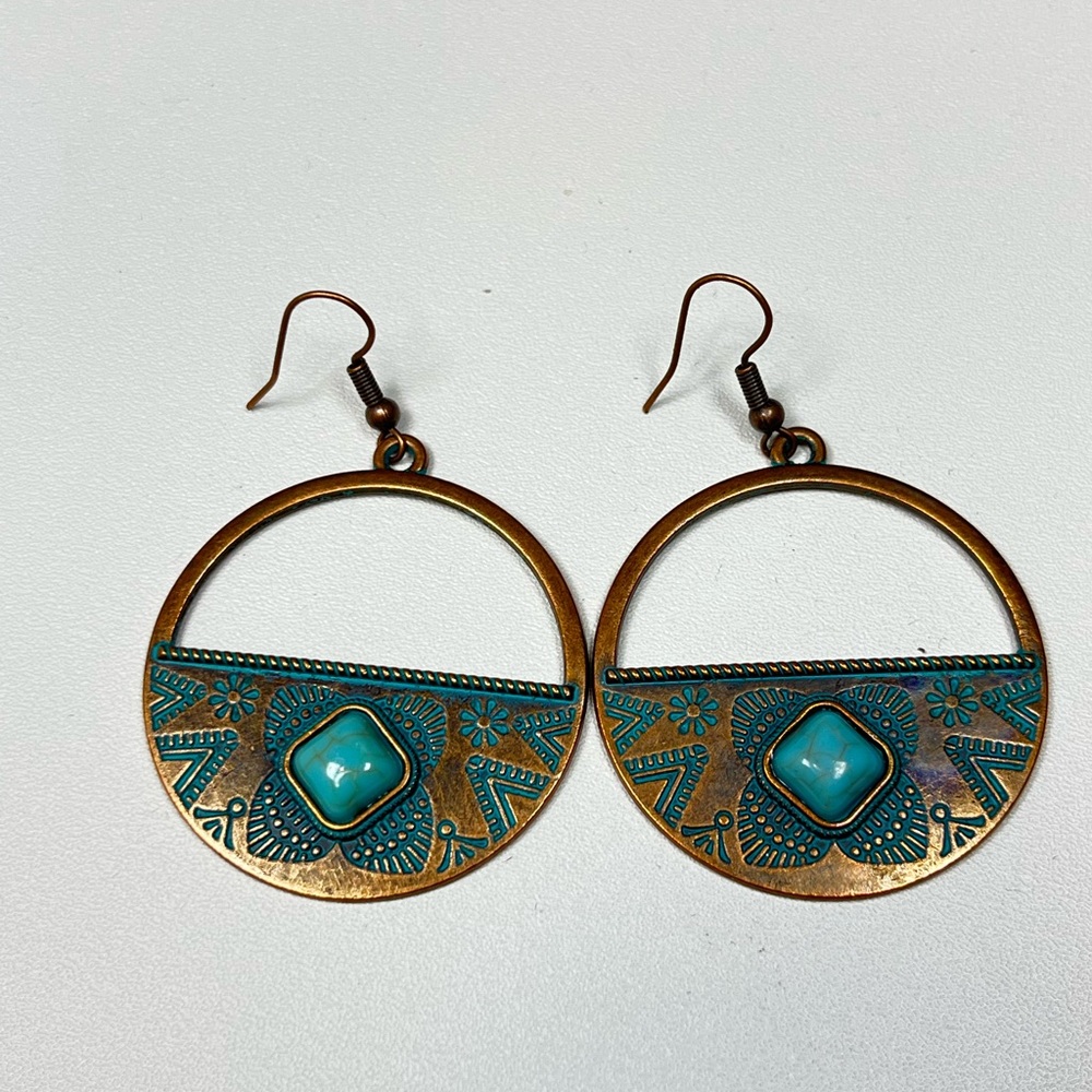 Bohemian Faux Turquoise and Copper Style Drop Dangle Earrings